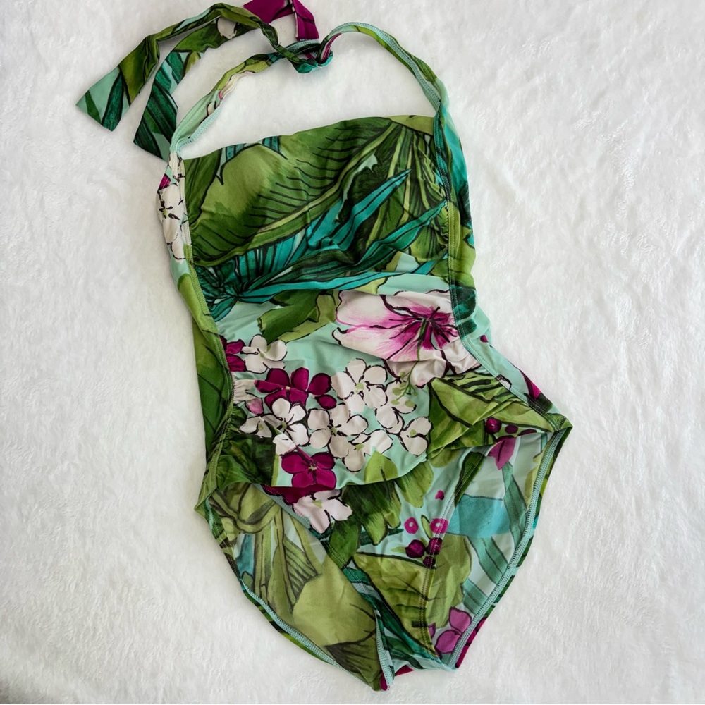 Tommy Bahama Tropical Green Teal and Pink Floral Swimwear Halter Style Top 6